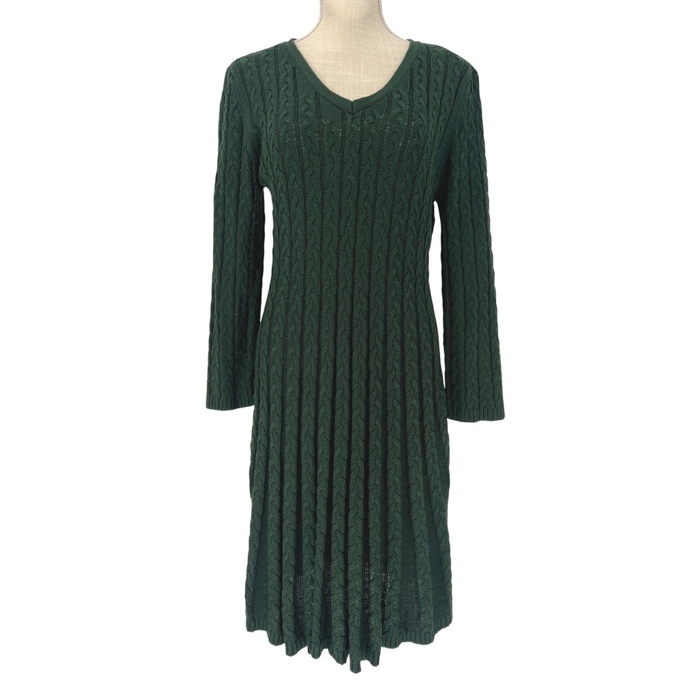 JH Sweater Dress Womens Large Dark Green Cable Knit V-Neck Long Sleeve Casual